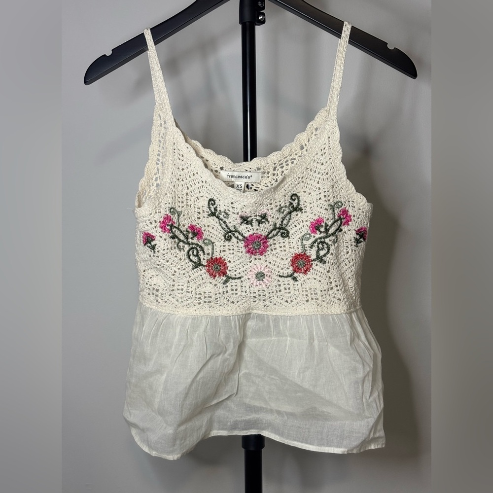 Francesca's Collections Cream Crochet Floral Embroidered Cami